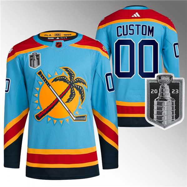 Men%27s Florida Panthers Custom Blue 2023 Stanley Cup Final Reverse Retro Stitched Jersey